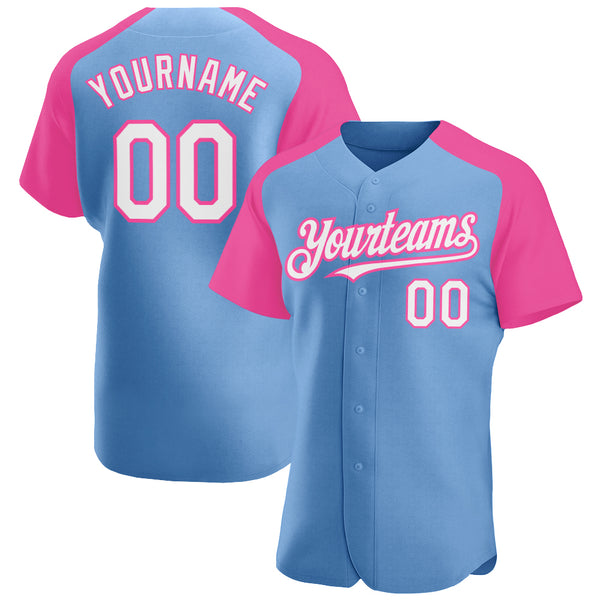 Custom Light Blue White-Pink Authentic Raglan Sleeves Baseball Jersey