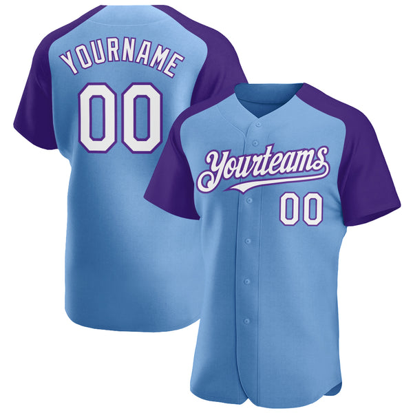 Custom Light Blue White-Purple Authentic Raglan Sleeves Baseball Jersey