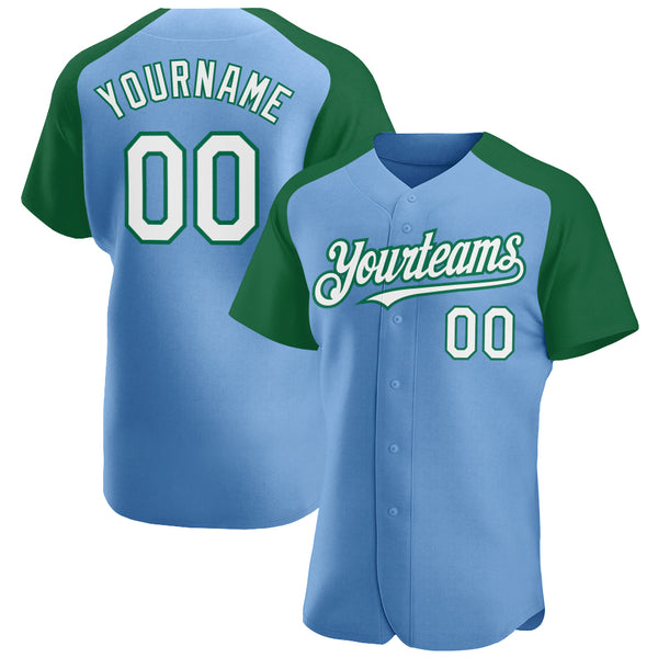 Custom Light Blue White-Kelly Green Authentic Raglan Sleeves Baseball Jersey