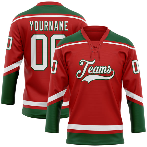 Custom Red White-Green Hockey Lace Neck Jersey