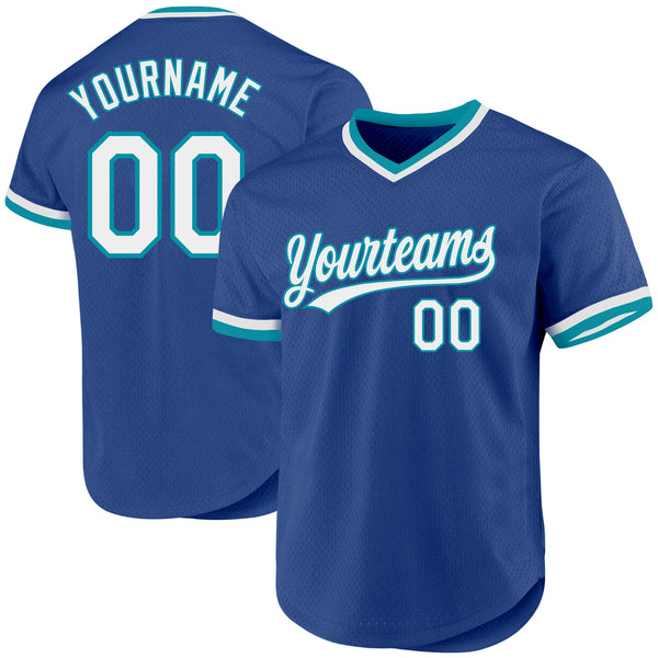 Custom Royal White-Teal Authentic Throwback Baseball Jersey