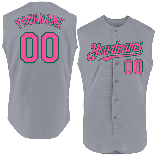 Custom Gray Pink-Kelly Green Authentic Sleeveless Baseball Jersey