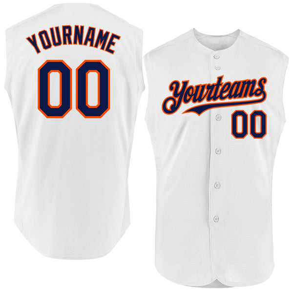 Custom White Navy-Orange Authentic Sleeveless Baseball Jersey