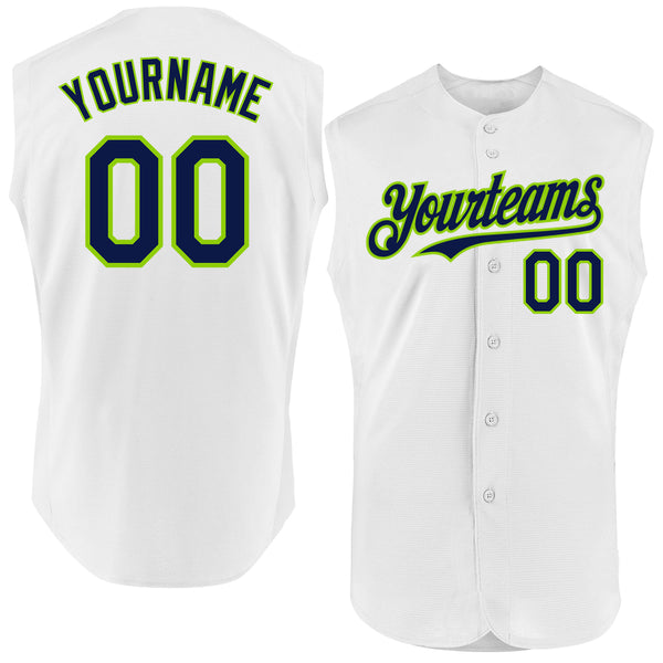 Custom White Navy-Neon Green Authentic Sleeveless Baseball Jersey
