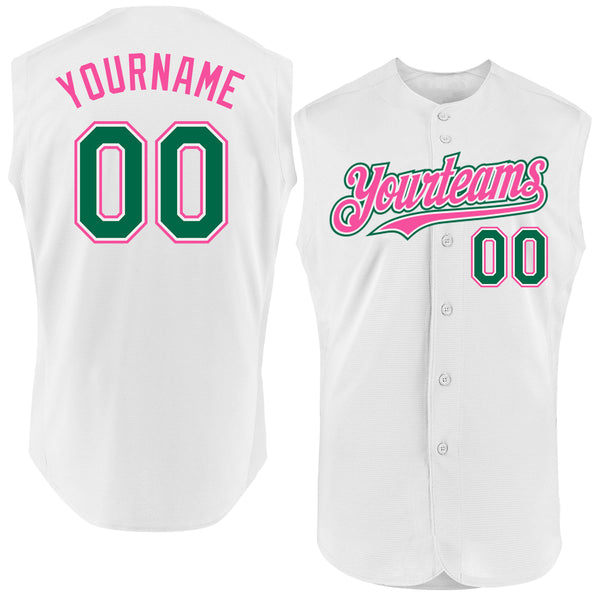 Custom White Kelly Green-Pink Authentic Sleeveless Baseball Jersey