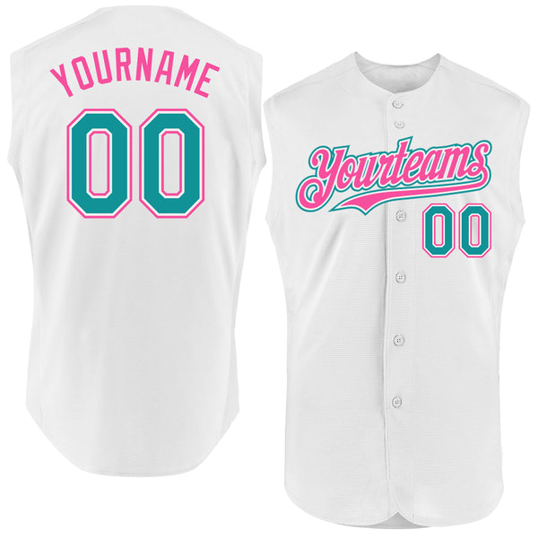 Custom White Teal-Pink Authentic Sleeveless Baseball Jersey
