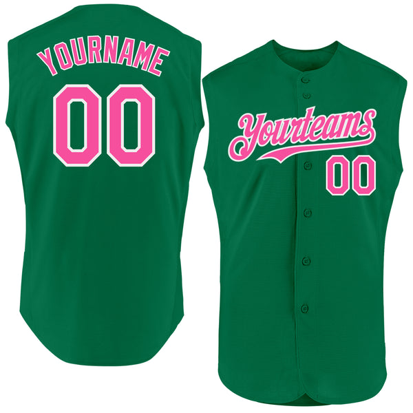 Custom Kelly Green Pink-White Authentic Sleeveless Baseball Jersey