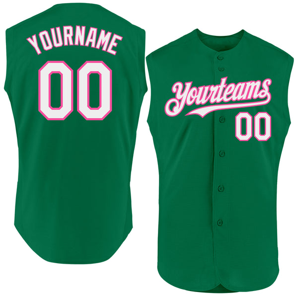 Custom Kelly Green White-Pink Authentic Sleeveless Baseball Jersey