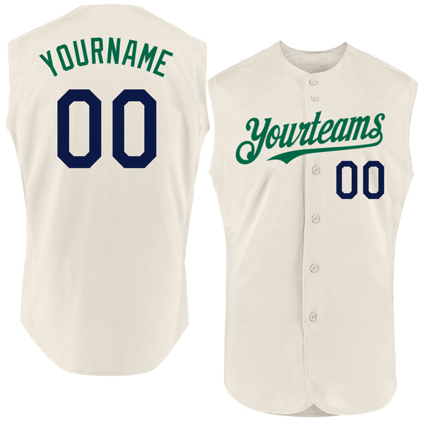 Custom Cream Navy-Kelly Green Authentic Sleeveless Baseball Jersey