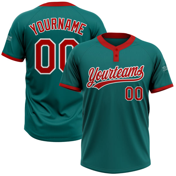 Custom Teal Red-White Two-Button Unisex Softball Jersey
