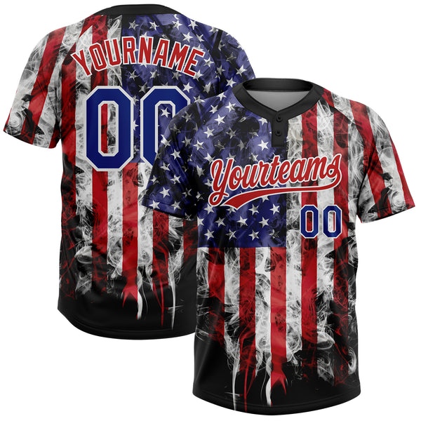 Custom White Royal-Red 3D American Flag Fashion Two-Button Unisex Softball Jersey