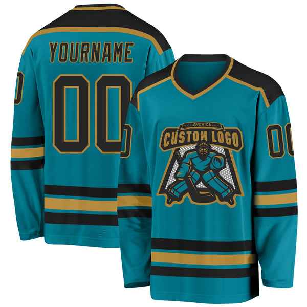 Custom Teal Black-Old Gold Hockey Jersey