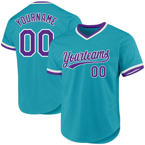 Custom Teal Purple-White Authentic Throwback Baseball Jersey