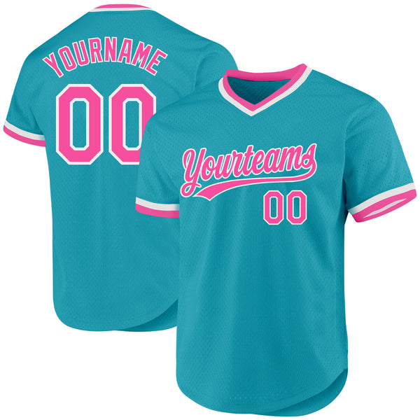 Custom Teal Pink-White Authentic Throwback Baseball Jersey