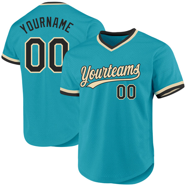 Custom Teal Black-Cream Authentic Throwback Baseball Jersey