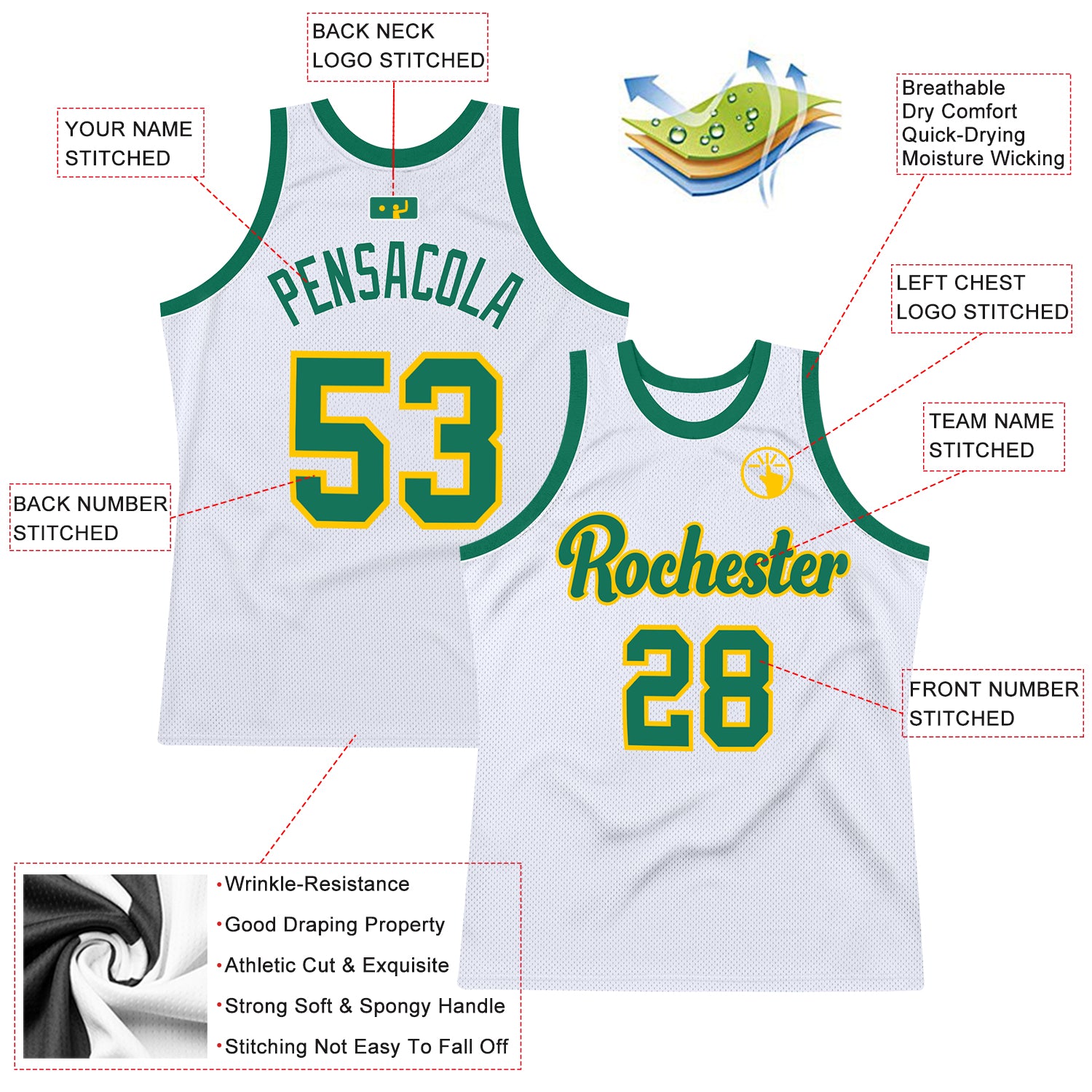 Custom White Kelly Green-Gold Authentic Throwback Basketball Jersey