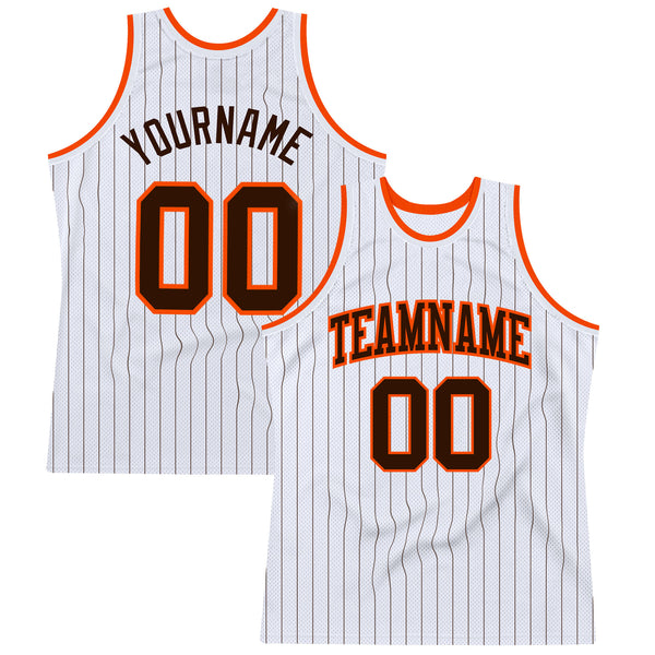 Custom White Brown Pinstripe Brown-Orange Authentic Basketball Jersey