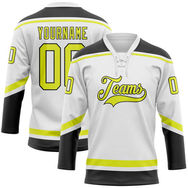 Custom White Neon Yellow-Black Hockey Lace Neck Jersey