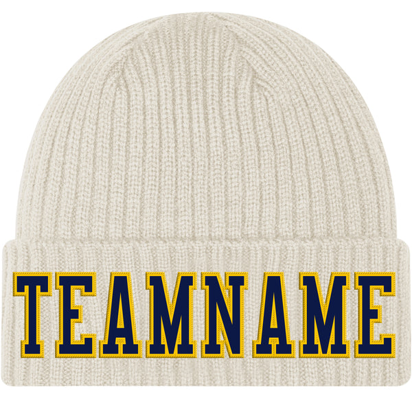 Custom Cream Navy-Gold Stitched Cuffed Knit Hat
