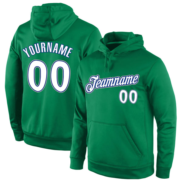 Custom Stitched Kelly Green White-Royal Sports Pullover Sweatshirt Hoodie